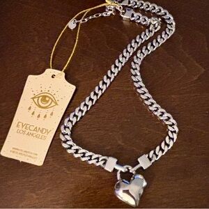 Silver Puff Heart Rhodium Plated Chain Necklace - NWT, 16”